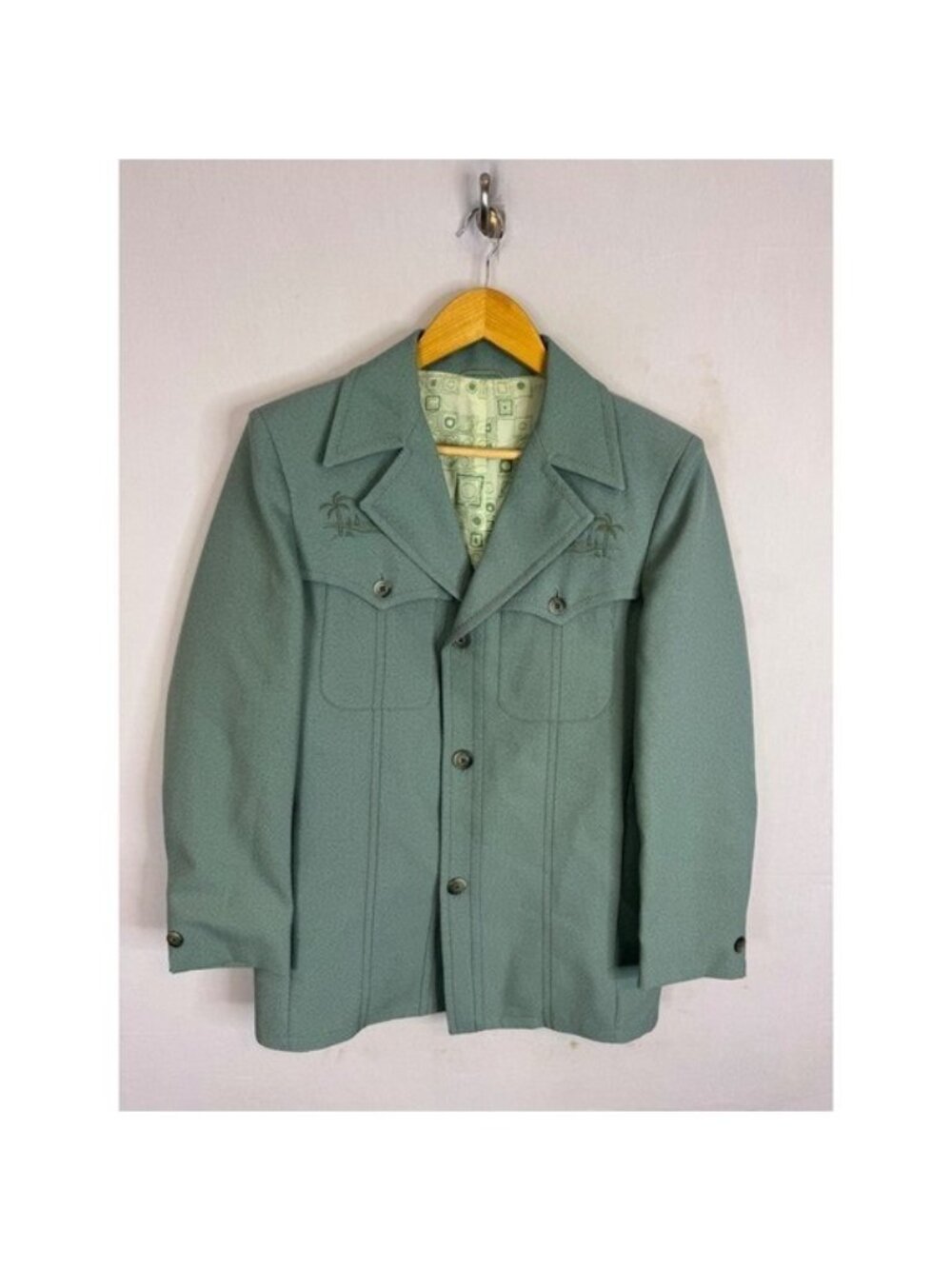 Vintage 70s Ratner Sato Clothiers Honolulu Sage Green Hawaiian Blazer Men 38R